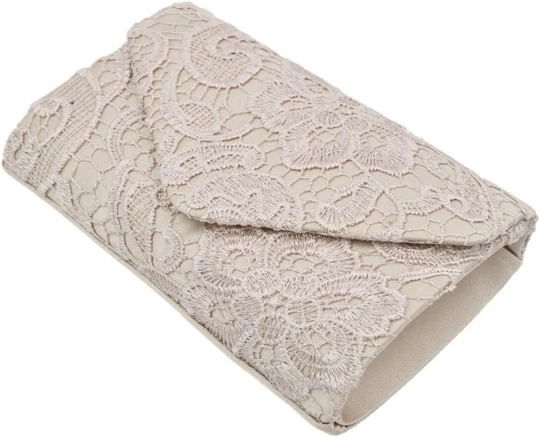 Premium Lace Paisley Floral Fabric Satin Envelope Flap Clutch Evening Bag