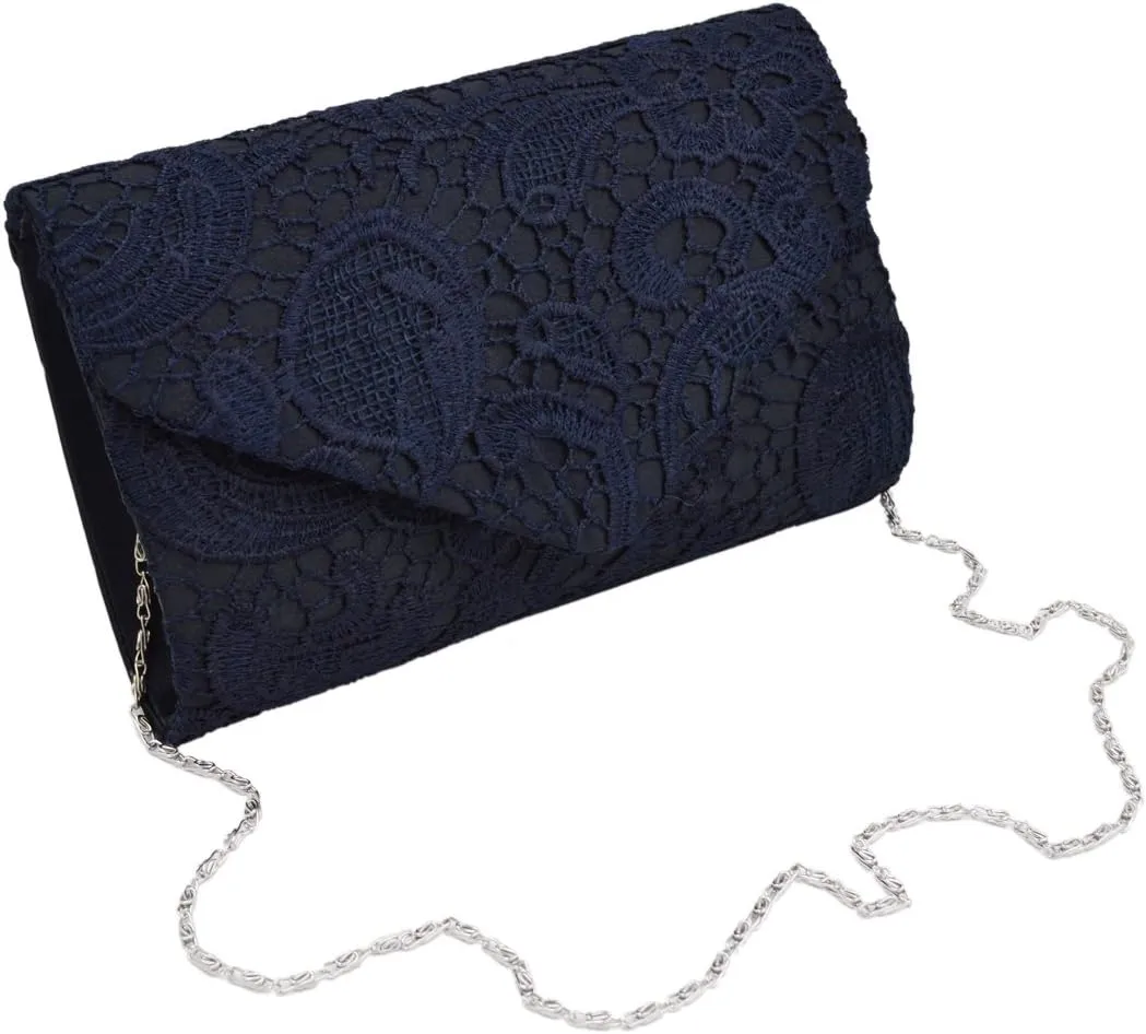 Premium Lace Paisley Floral Fabric Satin Envelope Flap Clutch Evening Bag