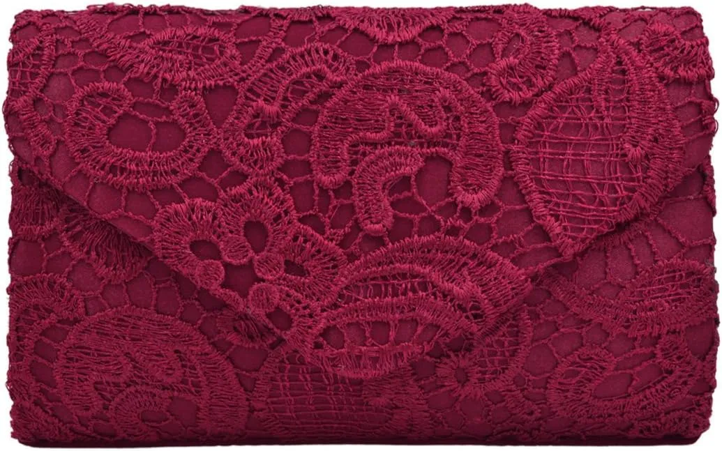 Premium Lace Paisley Floral Fabric Satin Envelope Flap Clutch Evening Bag