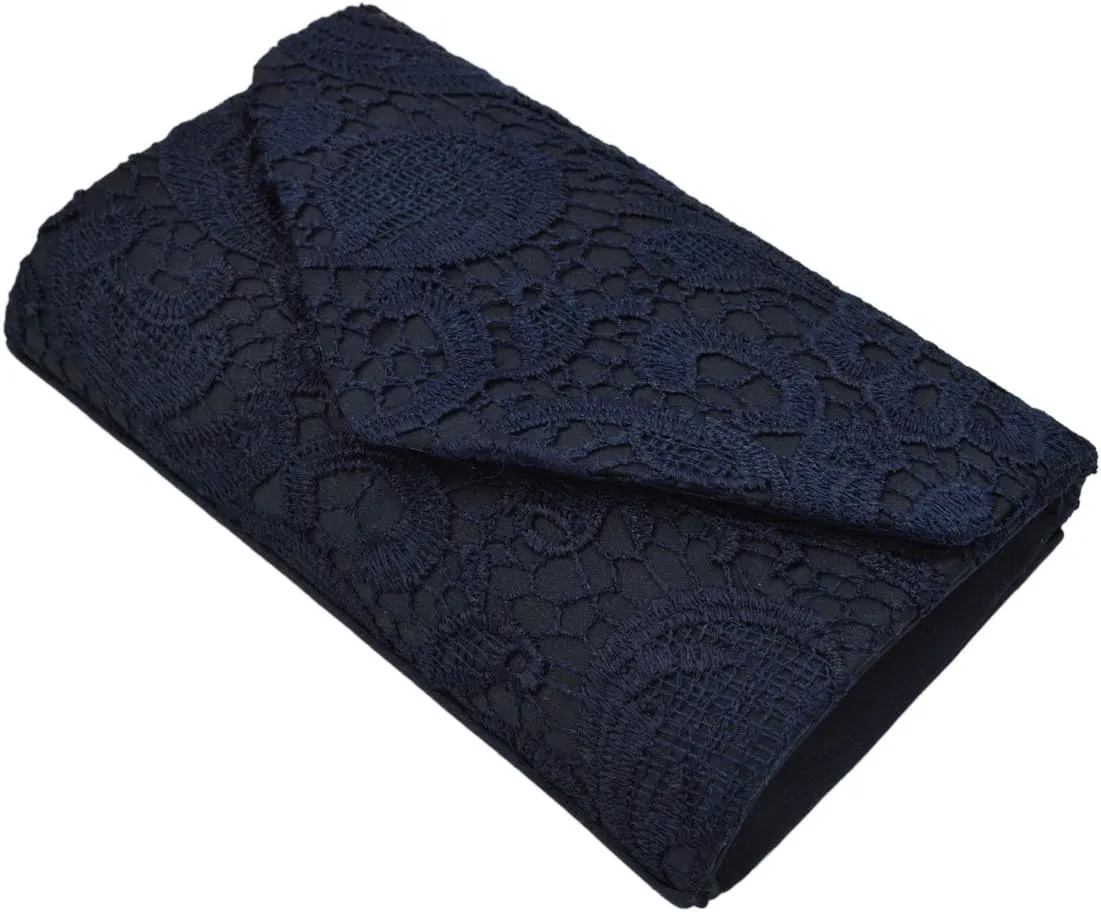 Premium Lace Paisley Floral Fabric Satin Envelope Flap Clutch Evening Bag