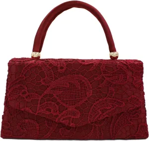Premium Lace Paisley Floral Fabric Satin Top Handle Clutch Evening Bag Handbag