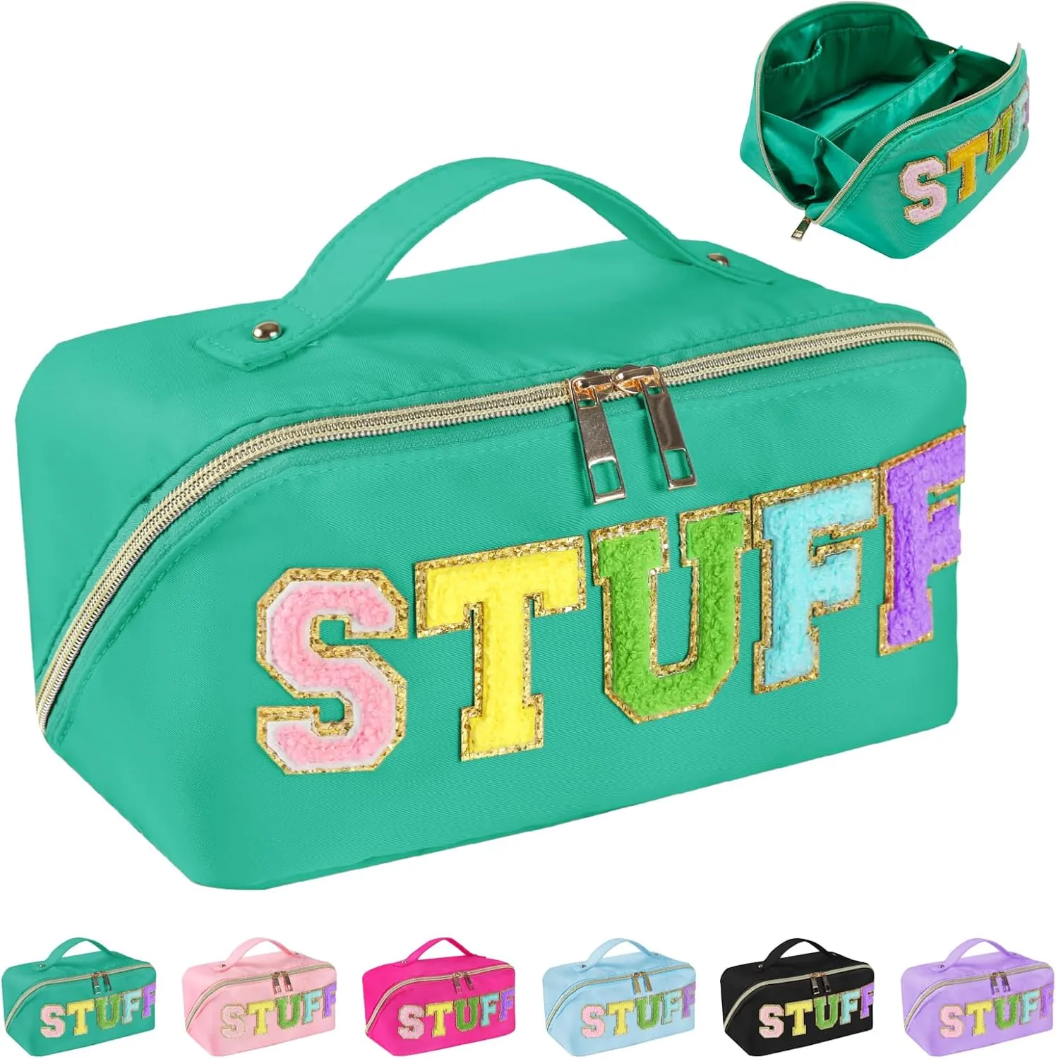 Preppy Stuff Makeup Bag, Stoney Clover Travel Toiletry Bag Pouch Chenille Letter Make Up Bags Girls Cute Cosmetic Bag Wedding Birthday Mothers Day Gifts for Women Stuff Bag (Green)