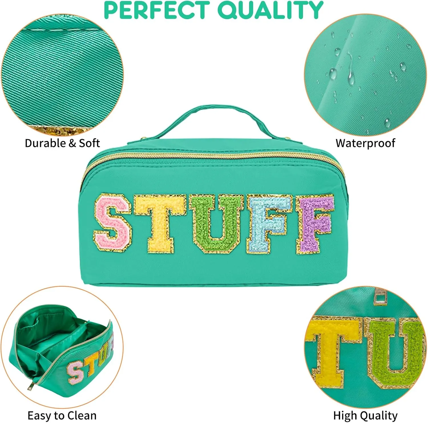Preppy Stuff Makeup Bag, Stoney Clover Travel Toiletry Bag Pouch Chenille Letter Make Up Bags Girls Cute Cosmetic Bag Wedding Birthday Mothers Day Gifts for Women Stuff Bag (Green)