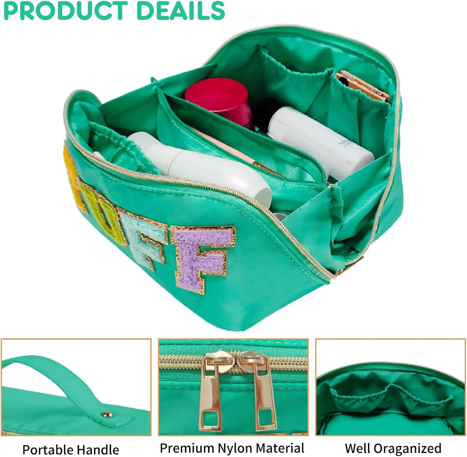Preppy Stuff Makeup Bag, Stoney Clover Travel Toiletry Bag Pouch Chenille Letter Make Up Bags Girls Cute Cosmetic Bag Wedding Birthday Mothers Day Gifts for Women Stuff Bag (Green)