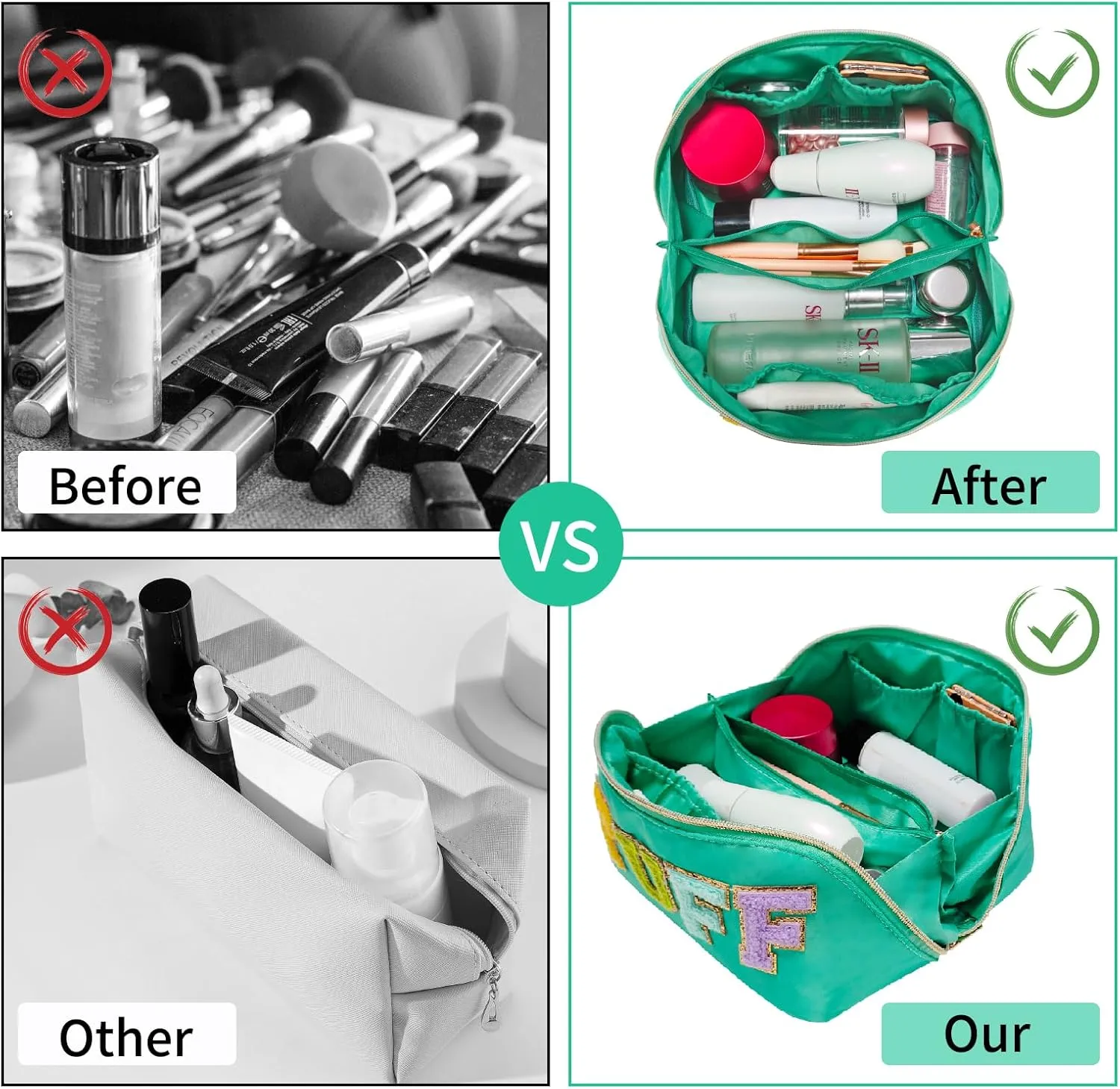 Preppy Stuff Makeup Bag, Stoney Clover Travel Toiletry Bag Pouch Chenille Letter Make Up Bags Girls Cute Cosmetic Bag Wedding Birthday Mothers Day Gifts for Women Stuff Bag (Green)