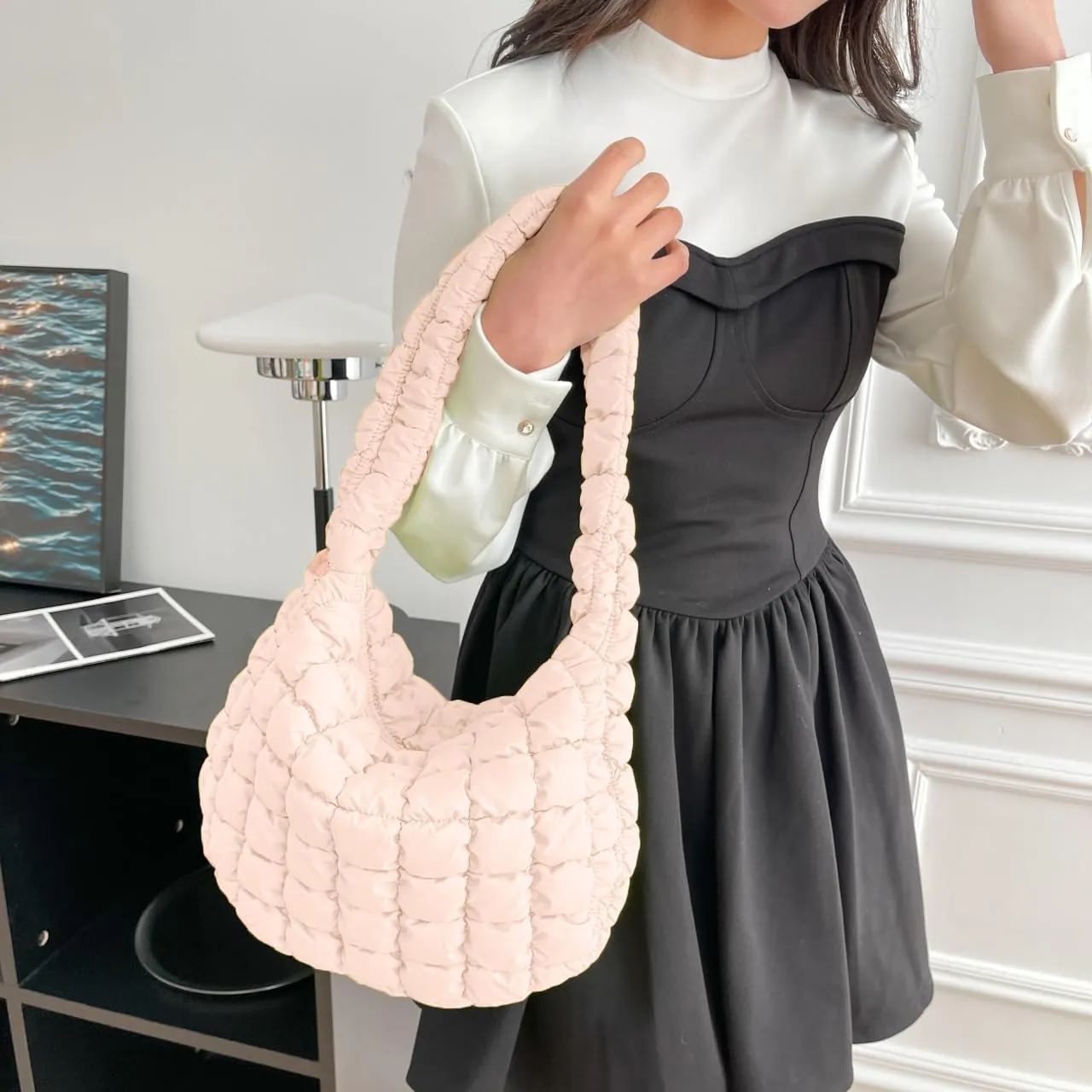 Puffer Carryall Tote Bag for Women Quilted Shoulder Bag for Travel Lightweight Cotton Padded Hobo Handbag