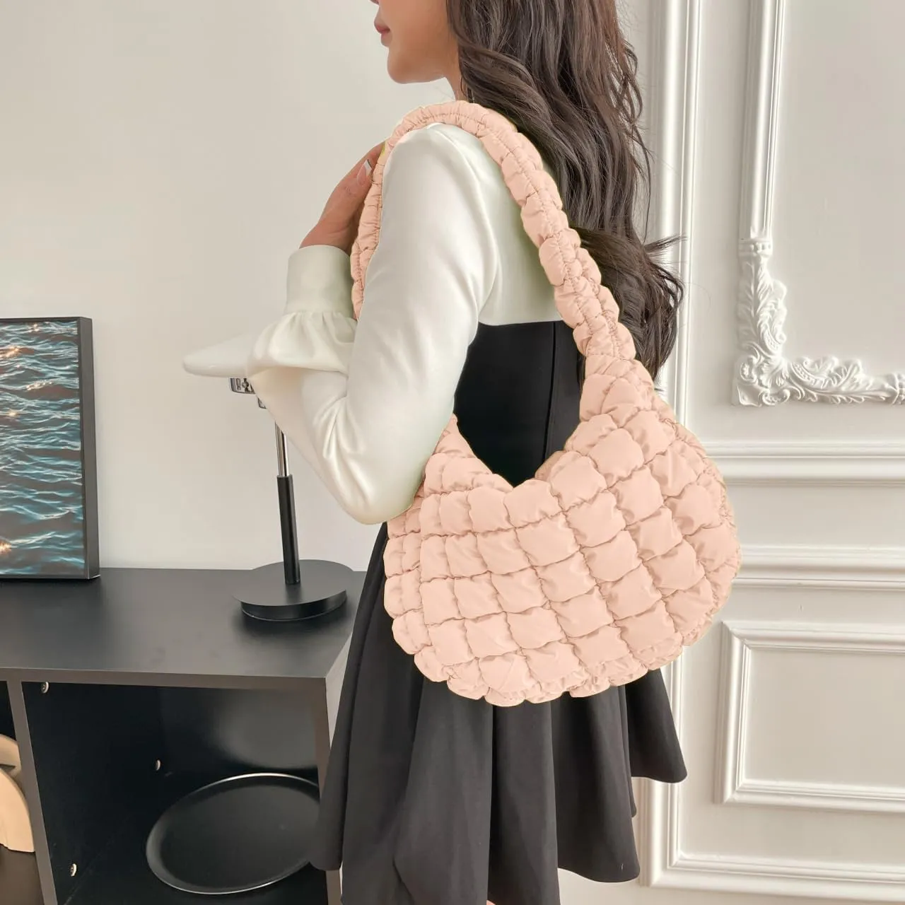 Puffer Carryall Tote Bag for Women Quilted Shoulder Bag for Travel Lightweight Cotton Padded Hobo Handbag