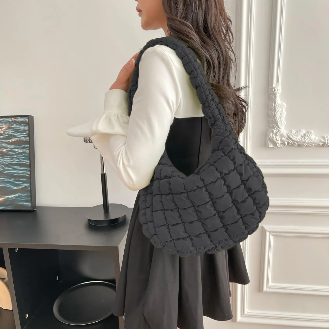 Puffer Carryall Tote Bag for Women Quilted Shoulder Bag for Travel Lightweight Cotton Padded Hobo Handbag