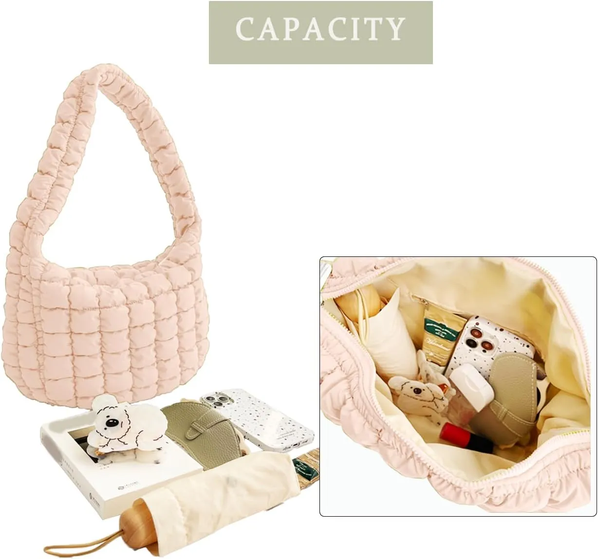 Puffer Carryall Tote Bag for Women Quilted Shoulder Bag for Travel Lightweight Cotton Padded Hobo Handbag