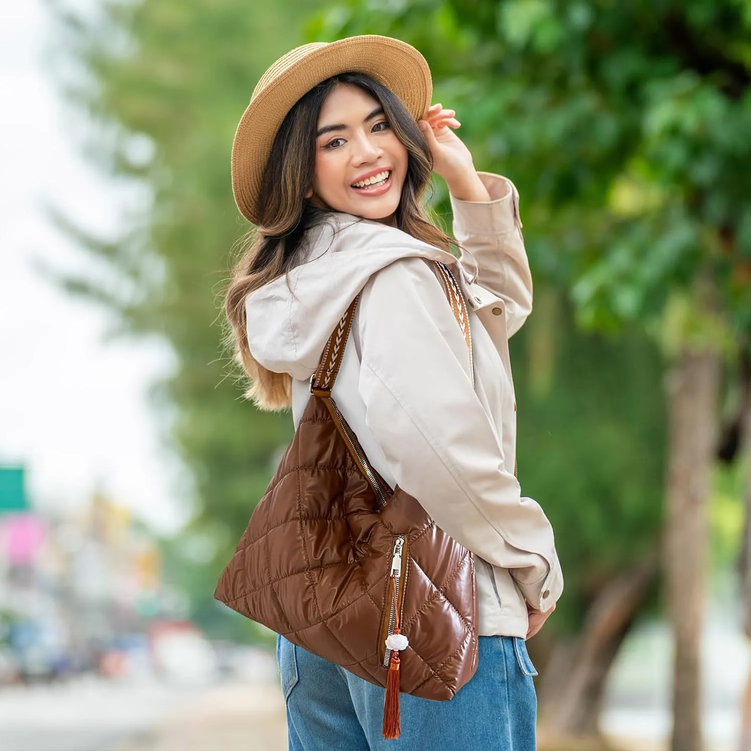 Puffer Crossbody Purse for Women - Quilted Down Cotton Padded Shoulder Bag Large Puffy Tote Bag with Adjustable Strap
