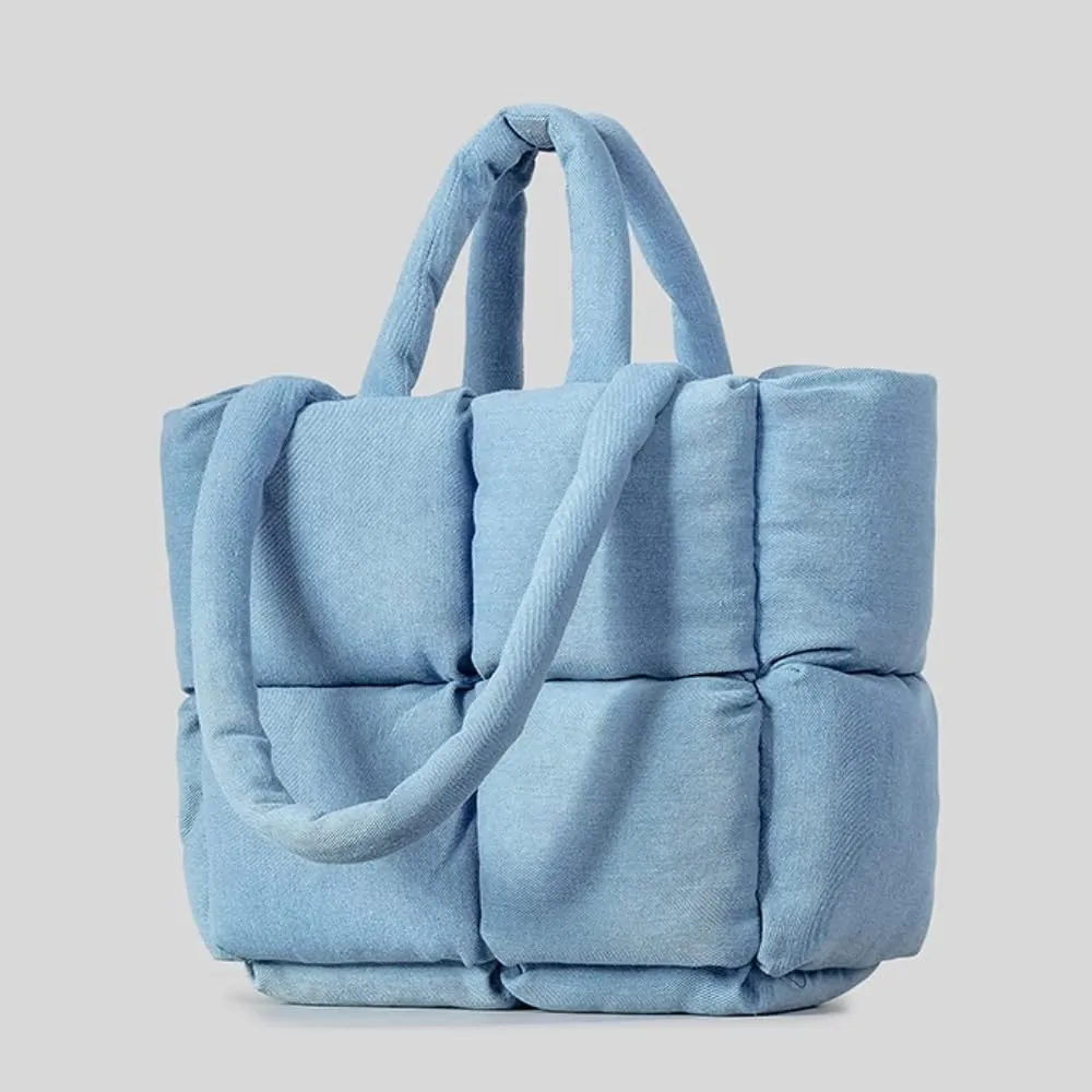 Puffer Denim Tote Bag, Trendy Luxury Chic Quilted Large Padded Designer Handbags for Women Winter Soft Shoulder Bag