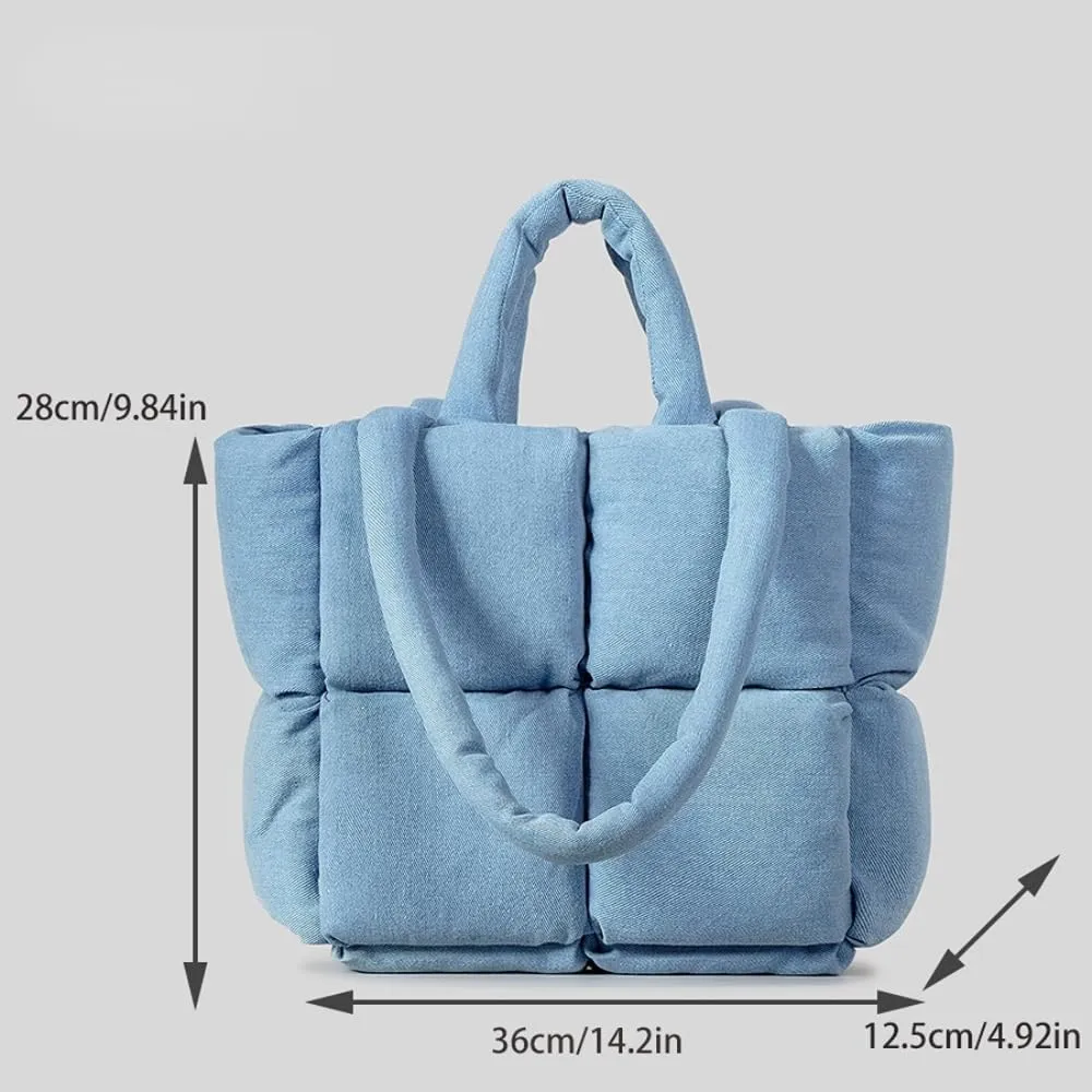 Puffer Denim Tote Bag, Trendy Luxury Chic Quilted Large Padded Designer Handbags for Women Winter Soft Shoulder Bag