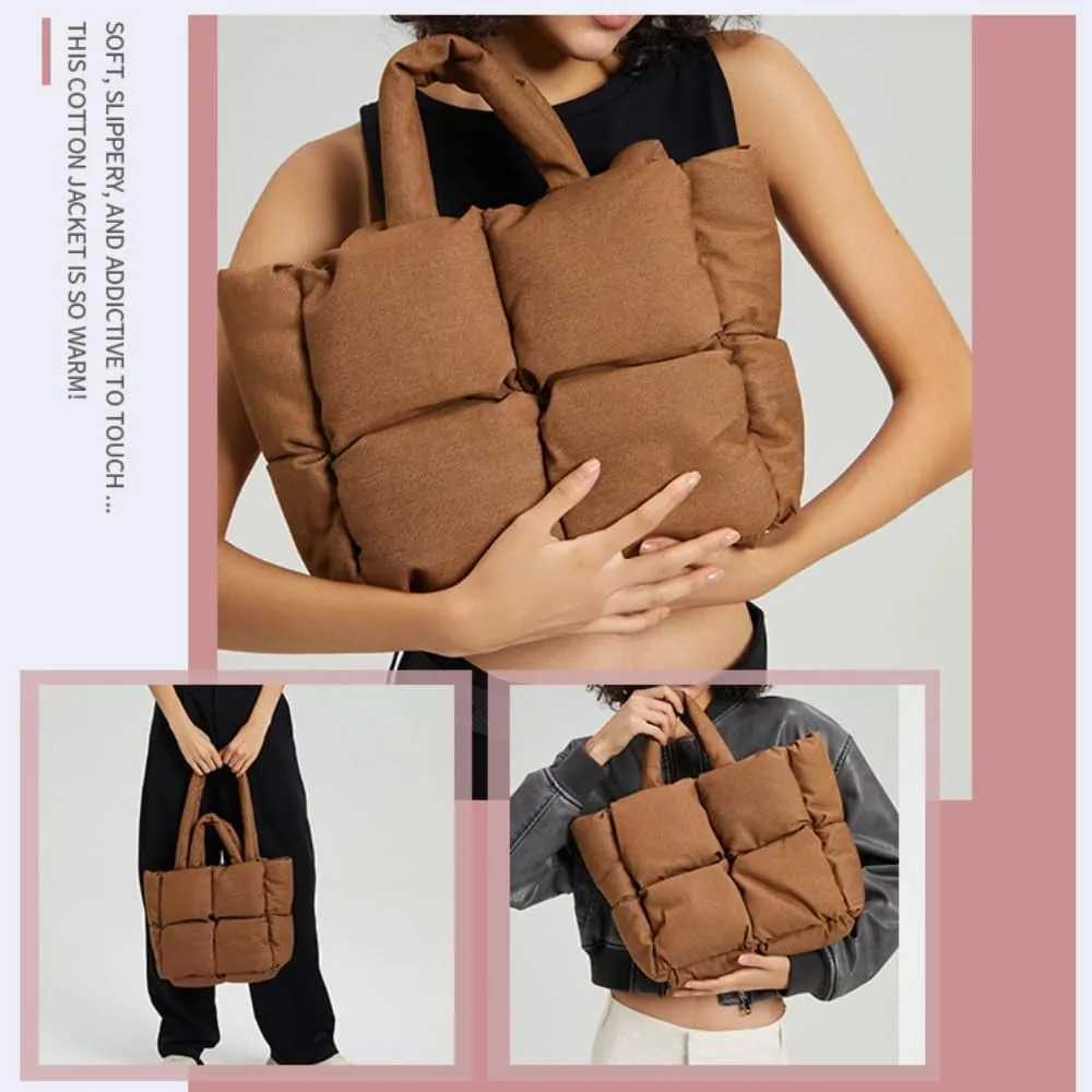 Puffer Denim Tote Bag, Trendy Luxury Chic Quilted Large Padded Designer Handbags for Women Winter Soft Shoulder Bag