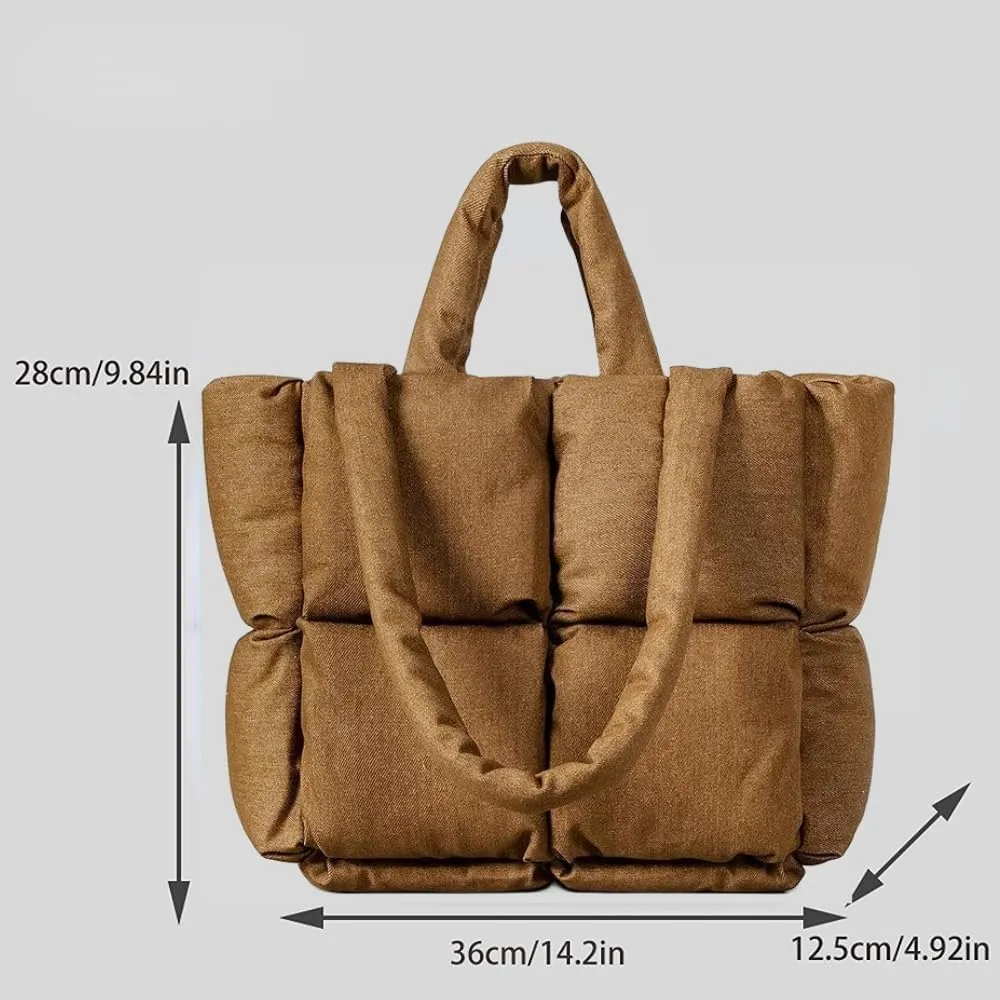Puffer Denim Tote Bag, Trendy Luxury Chic Quilted Large Padded Designer Handbags for Women Winter Soft Shoulder Bag