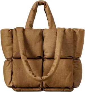 Puffer Denim Tote Bag, Trendy Luxury Chic Quilted Large Padded Designer Handbags for Women Winter Soft Shoulder Bag