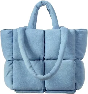 Puffer Denim Tote Bag, Trendy Luxury Chic Quilted Large Padded Designer Handbags for Women Winter Soft Shoulder Bag