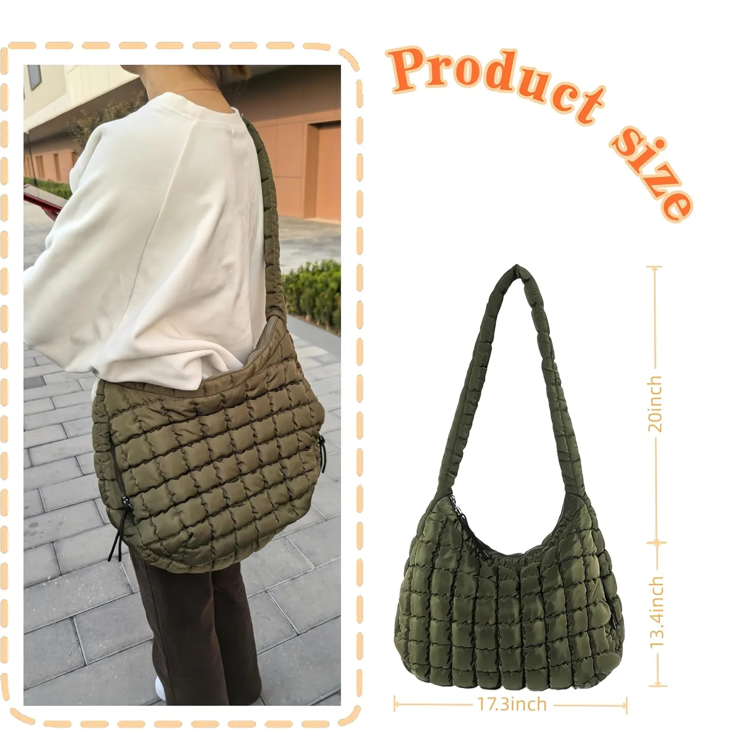 Puffer Lightweight Tote Bag for Women, Quilted Hobo Handbag, Soft Puffy Crossbody Bag with Zipper