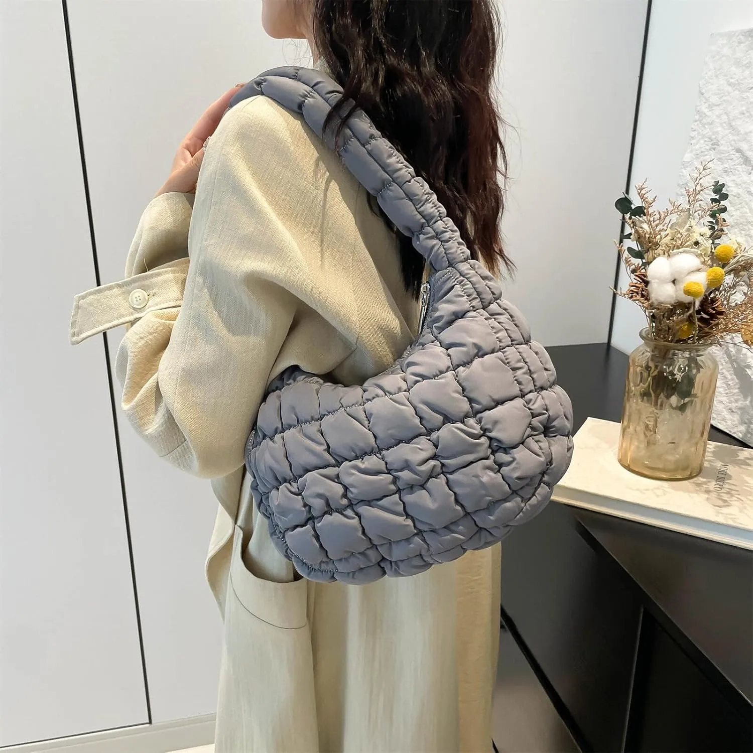 Puffer Quilted Shoulder Bag for Women Handbag Puffy Hobo Nylon Padded Tote Bag Soft Purse Lightweight