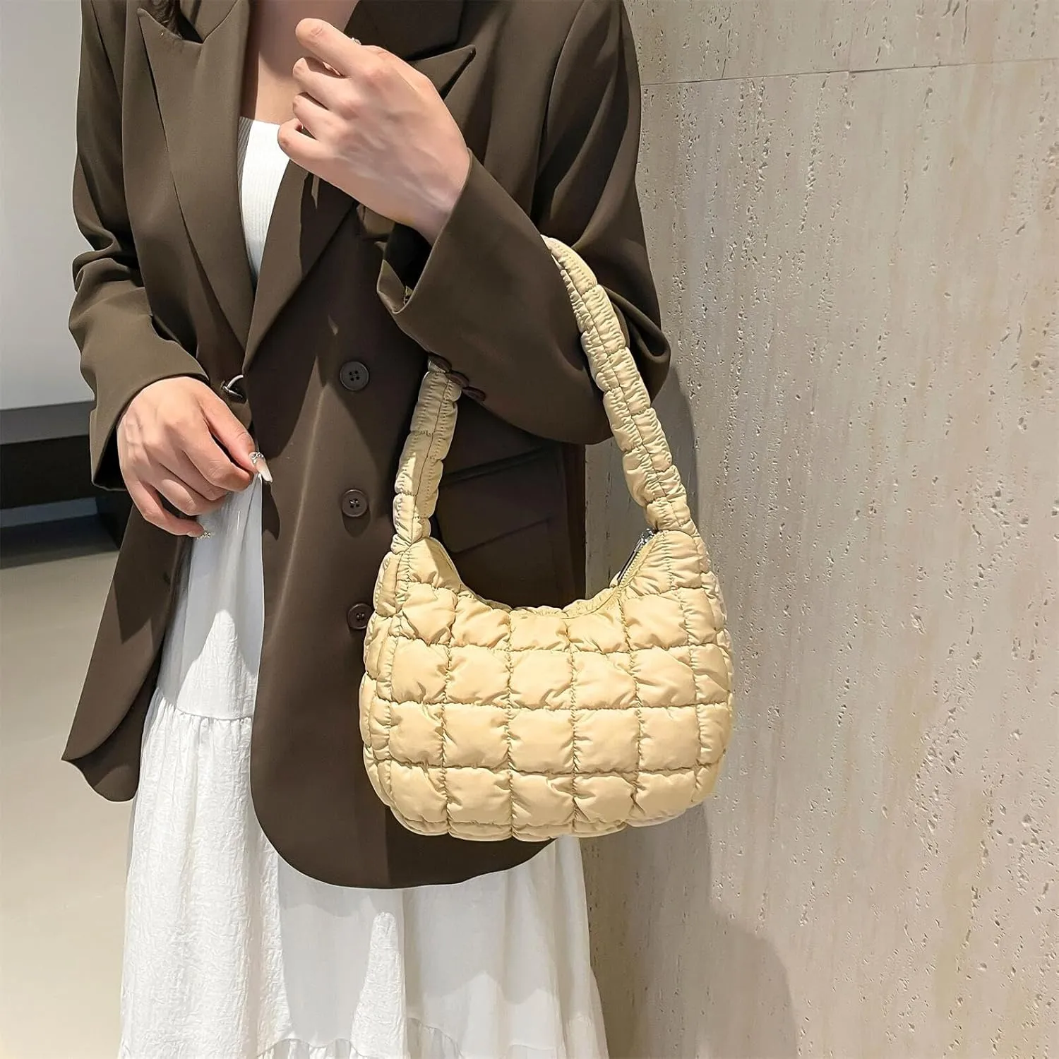 Puffer Quilted Shoulder Bag for Women Handbag Puffy Hobo Nylon Padded Tote Bag Soft Purse Lightweight