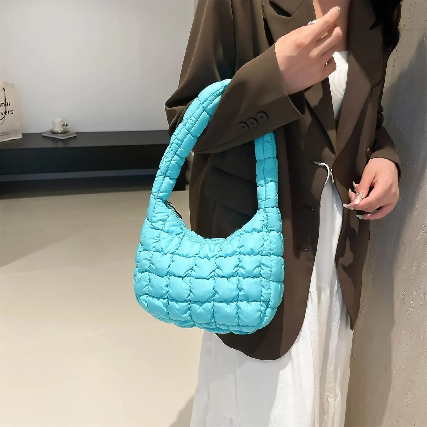 Puffer Quilted Shoulder Bag for Women Handbag Puffy Hobo Nylon Padded Tote Bag Soft Purse Lightweight
