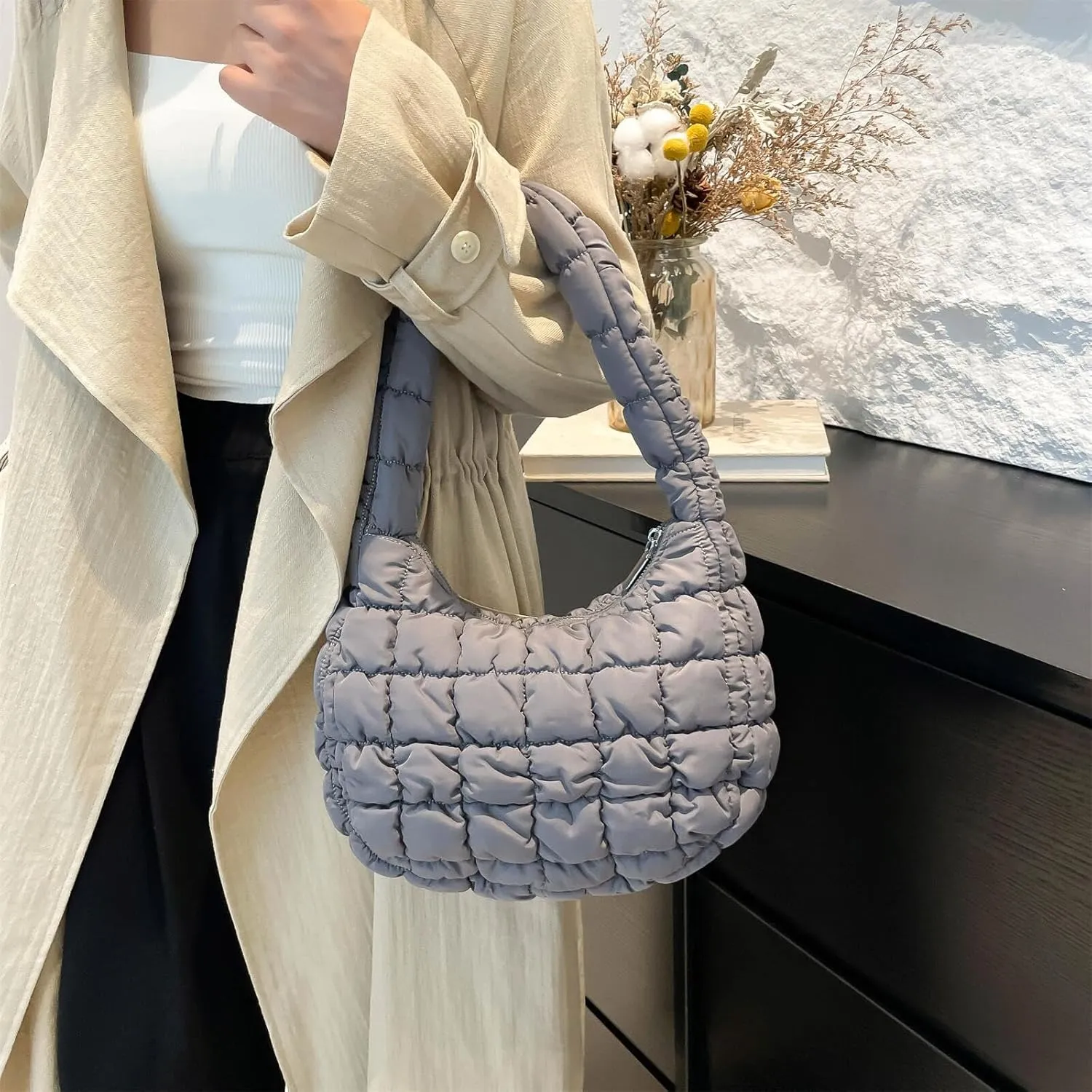 Puffer Quilted Shoulder Bag for Women Handbag Puffy Hobo Nylon Padded Tote Bag Soft Purse Lightweight