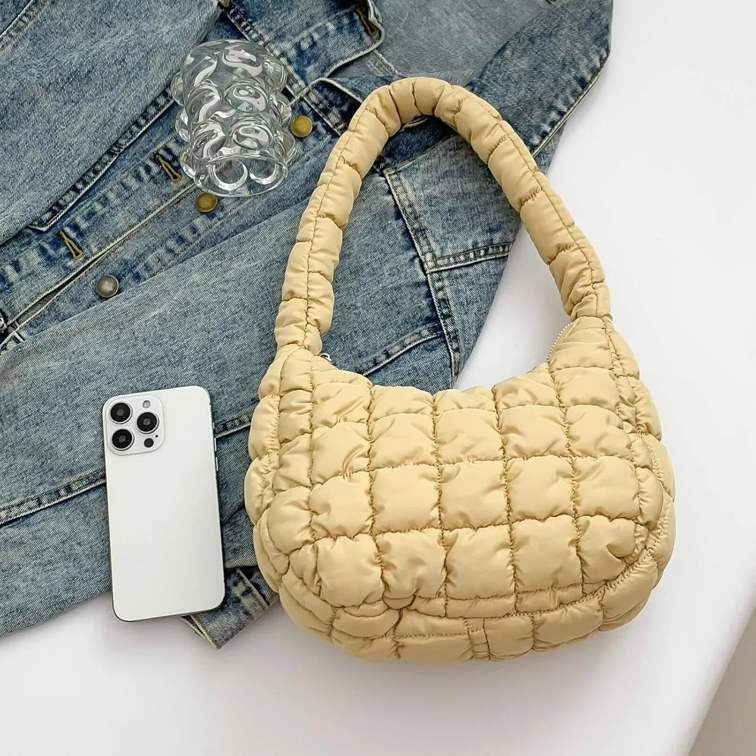 Puffer Quilted Shoulder Bag for Women Handbag Puffy Hobo Nylon Padded Tote Bag Soft Purse Lightweight