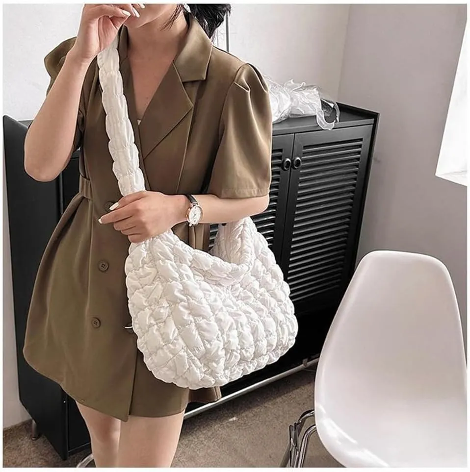 Puffer Tote Bag for Women, Large Quilted Carryall Soft Puffy Crossbody Hobo Handbag
