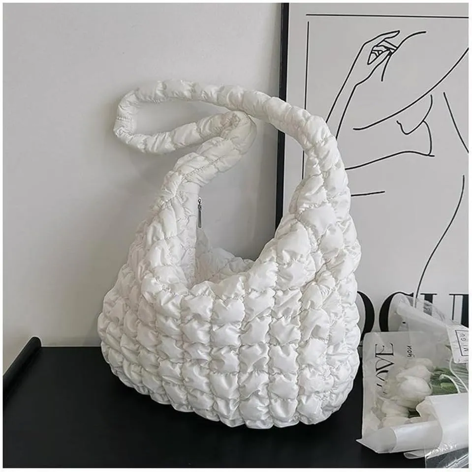 Puffer Tote Bag for Women, Large Quilted Carryall Soft Puffy Crossbody Hobo Handbag
