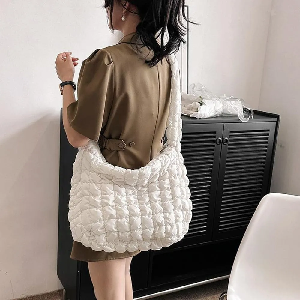 Puffer Tote Bag for Women, Large Quilted Carryall Soft Puffy Crossbody Hobo Handbag