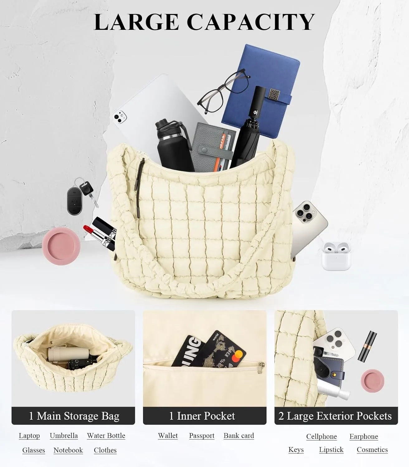 Puffer Tote Bag for Women, Quilted Tote Bag Puffer Bag, Large Quilted Crossbody Bags Carryall Bag, Hobo Bags for Travel