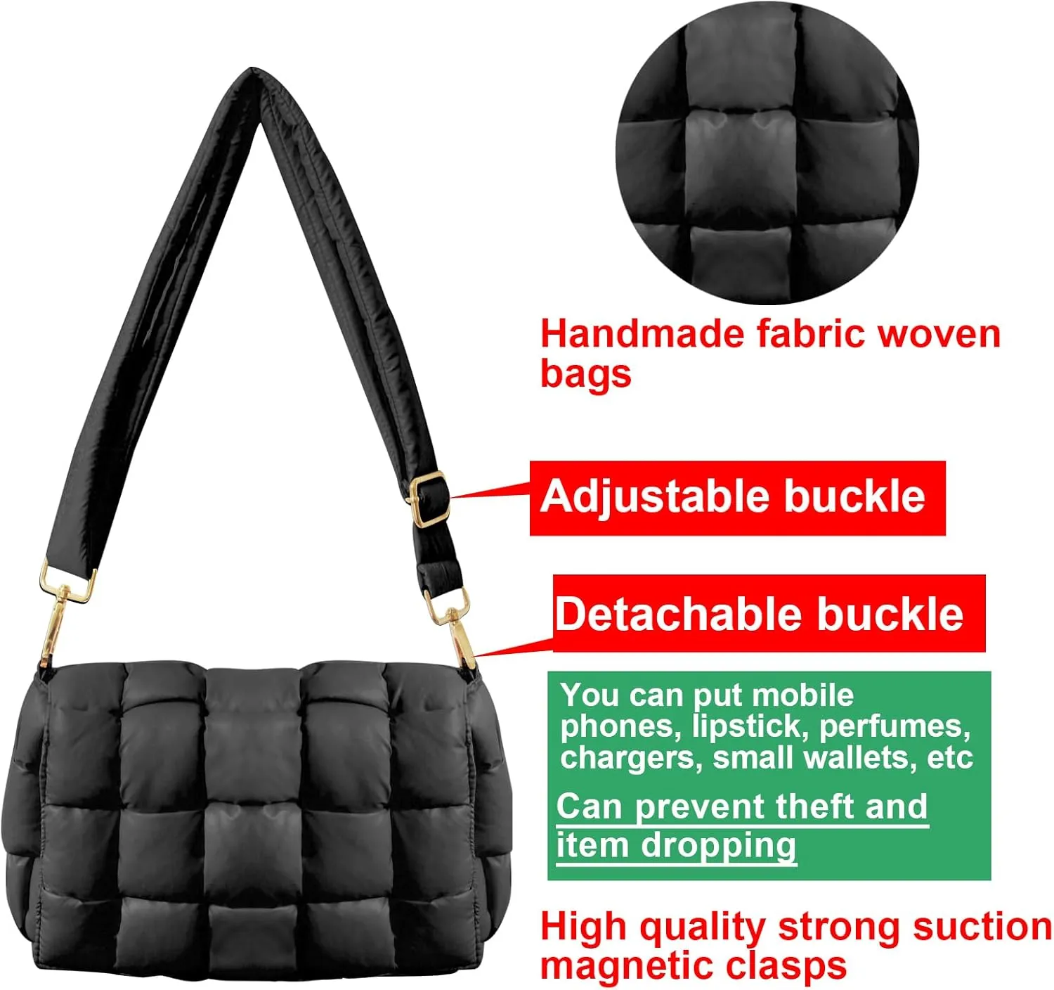 Puffer Woven Crossbody Bag Purse Handbags for Women, Quilted Hobo Carryall Bag Shoulder Bags with Adjustable Strap