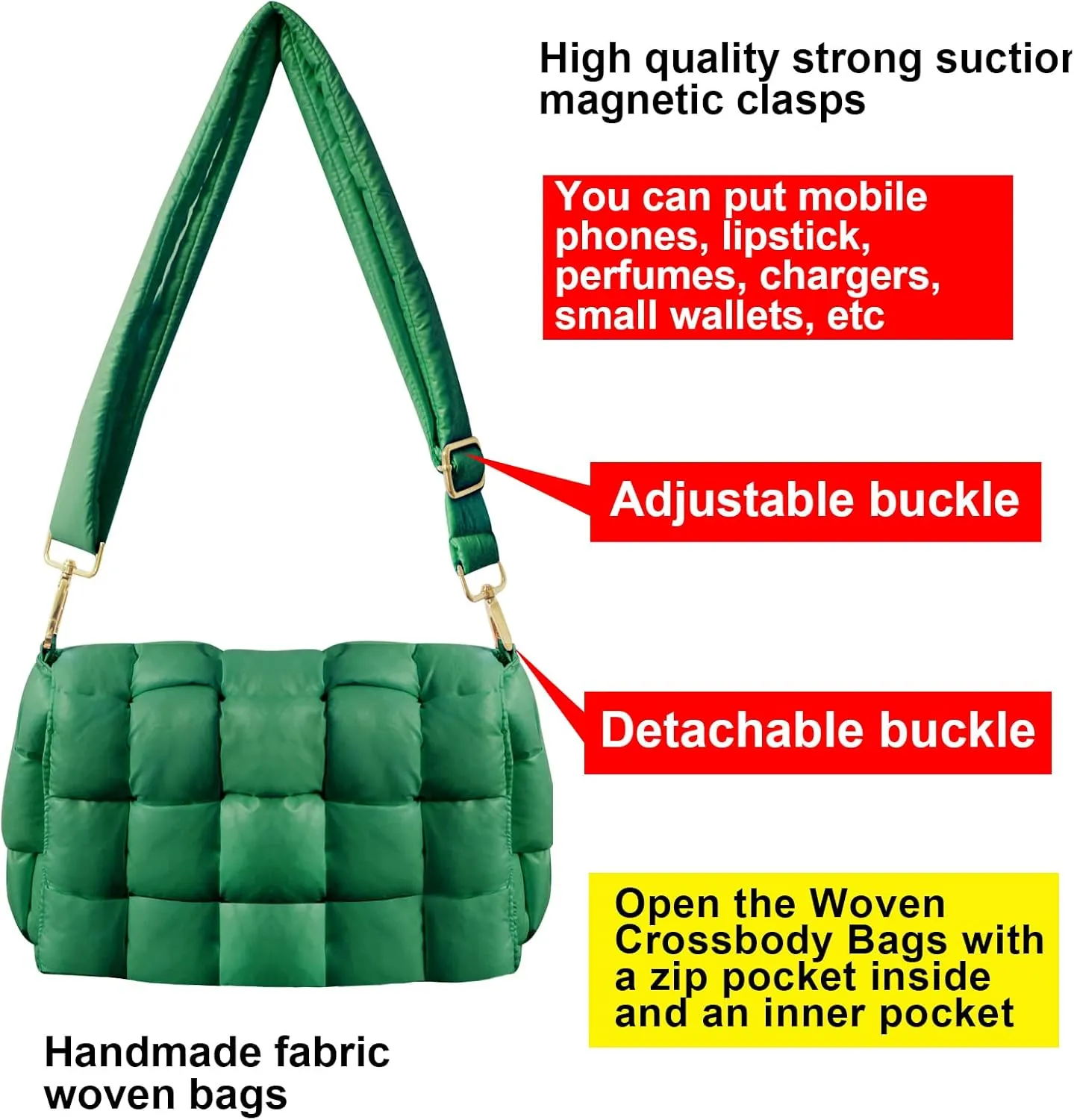 Puffer Woven Crossbody Bag Purse Handbags for Women, Quilted Hobo Carryall Bag Shoulder Bags with Adjustable Strap