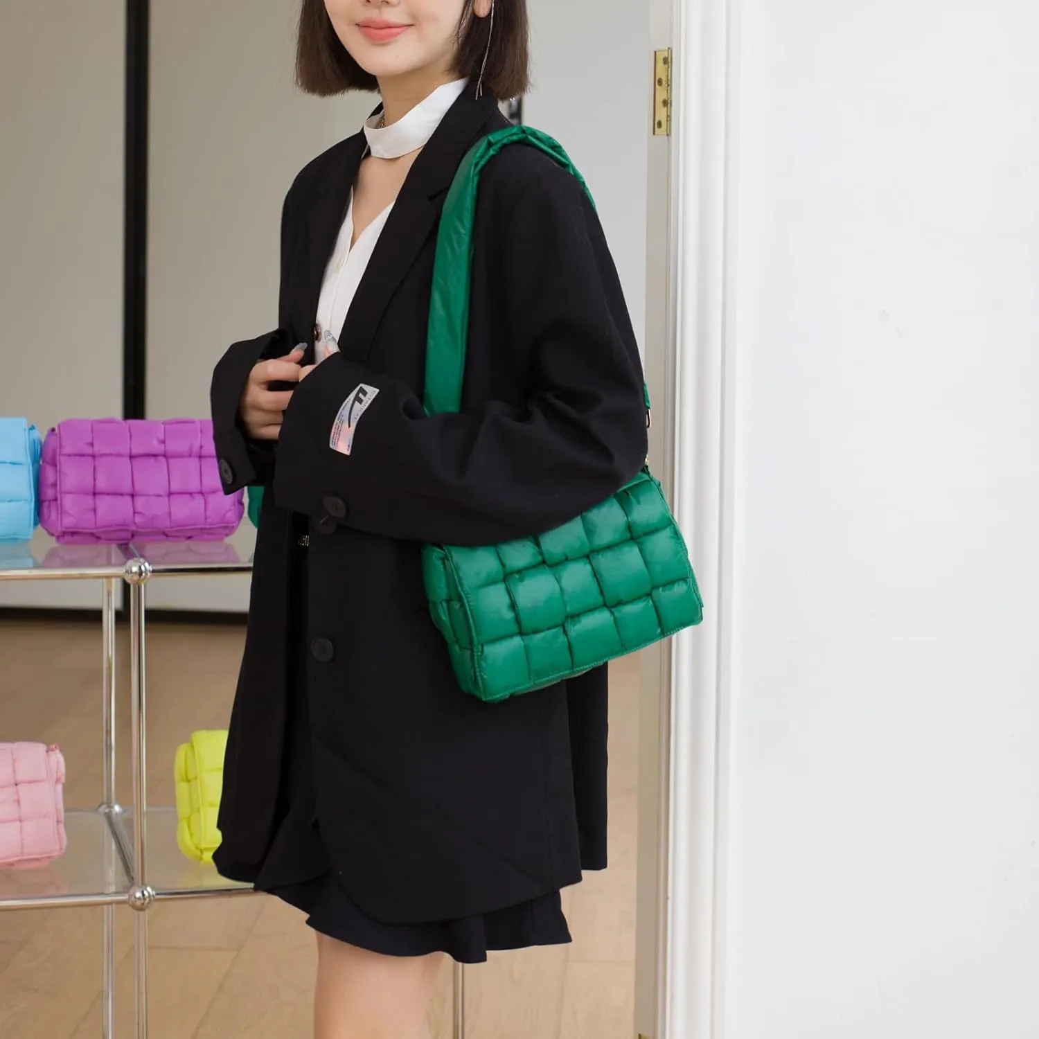 Puffer Woven Crossbody Bag Purse Handbags for Women, Quilted Hobo Carryall Bag Shoulder Bags with Adjustable Strap