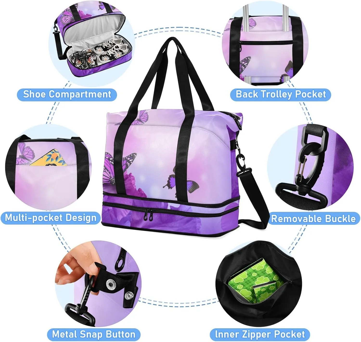 Purple Butterfly(2) Travel Duffel Gym Sports Luggage Bag Expandable Large Capacity Sports Bag for Women and Men