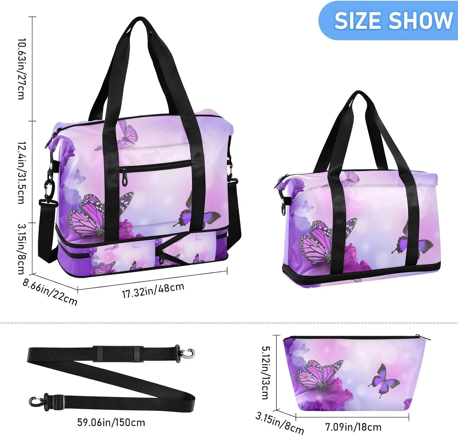 Purple Butterfly(2) Travel Duffel Gym Sports Luggage Bag Expandable Large Capacity Sports Bag for Women and Men