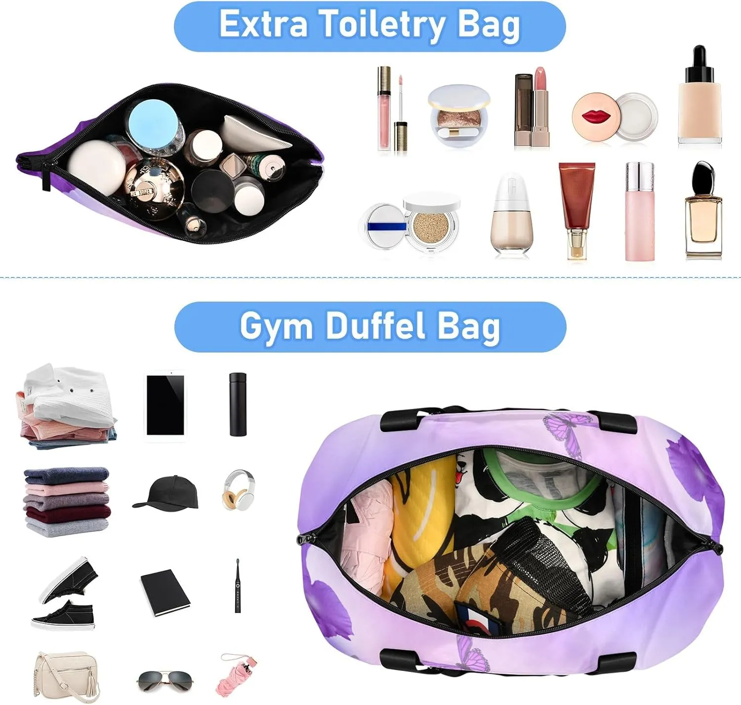 Purple Butterfly(2) Travel Duffel Gym Sports Luggage Bag Expandable Large Capacity Sports Bag for Women and Men