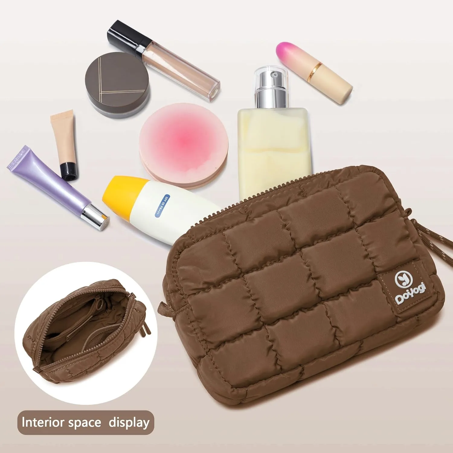 Quilted Cosmetic Bag, Puffer Makeup Bags, Crossbody Purses for women,Cute Travel Toiletry Bag for Women (Caramel)