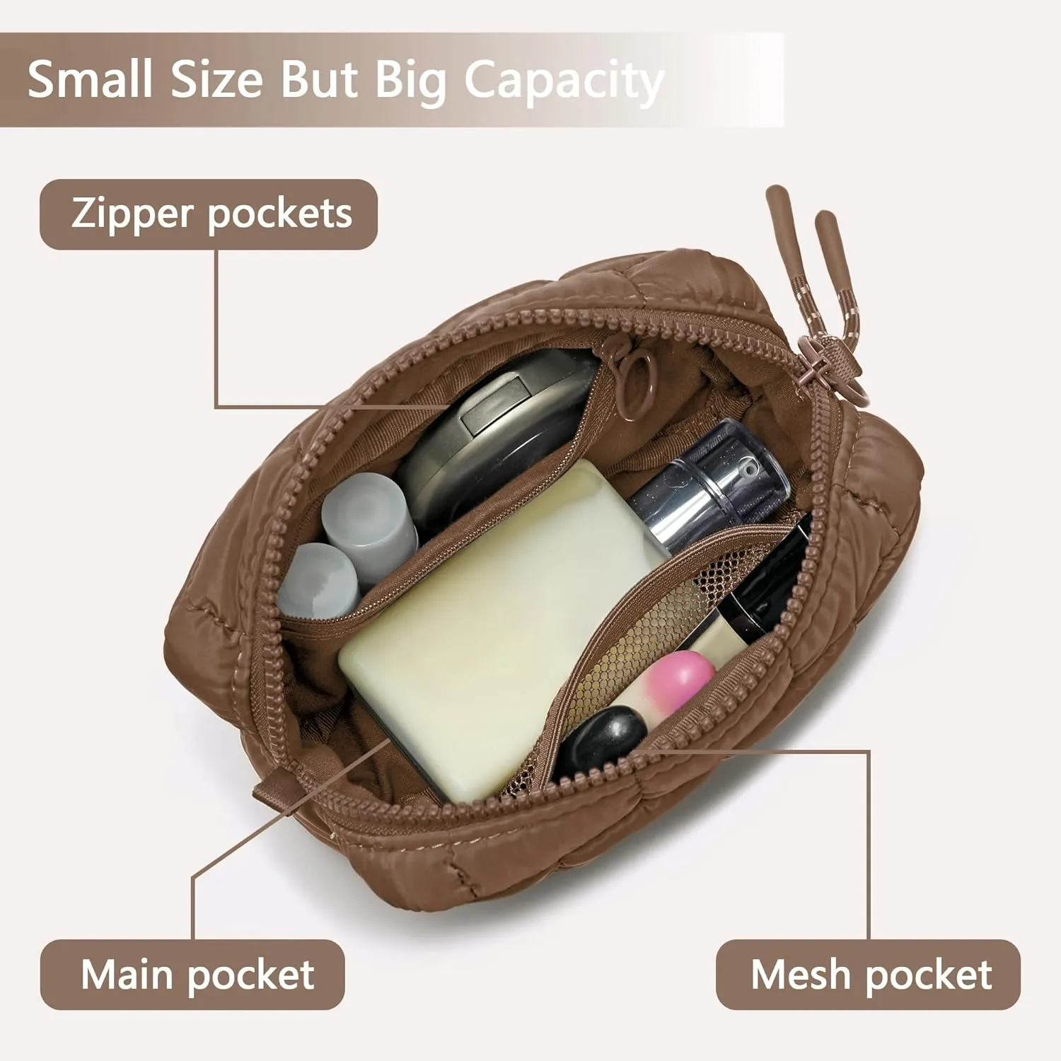 Quilted Cosmetic Bag, Puffer Makeup Bags, Crossbody Purses for women,Cute Travel Toiletry Bag for Women (Caramel)