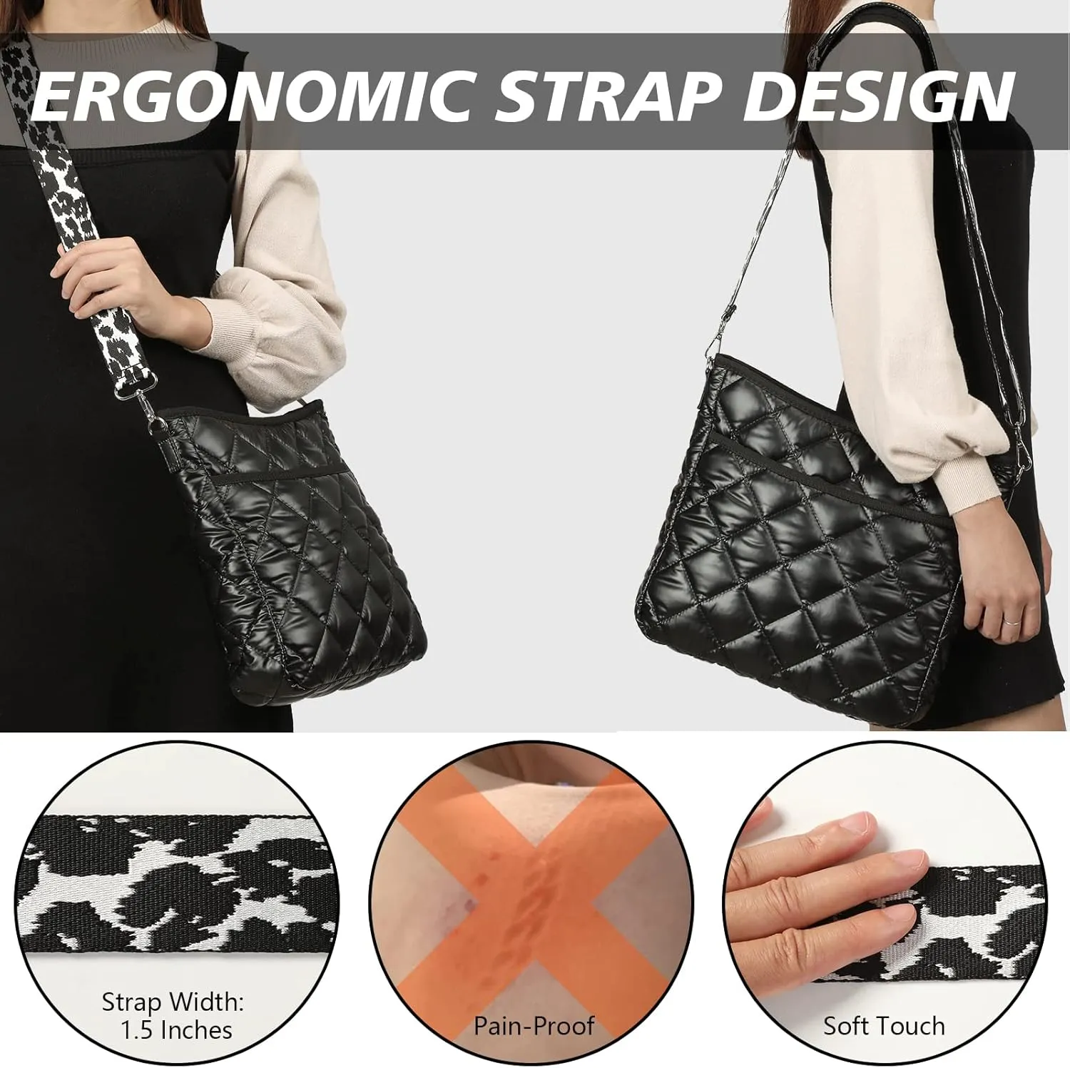 Quilted Crossbody & Puffer Shoulder Bag, Tote with Zipper - Fashion Cotton Quilted Ladies Handbag