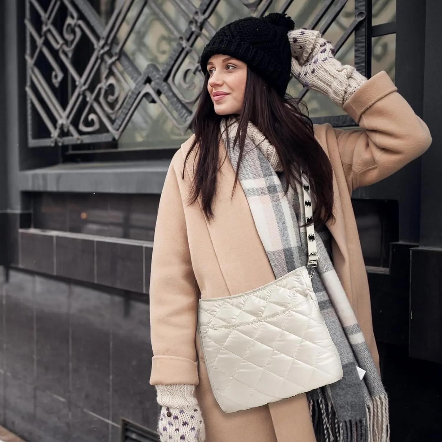 Quilted Crossbody & Puffer Shoulder Bag, Tote with Zipper - Fashion Cotton Quilted Ladies Handbag