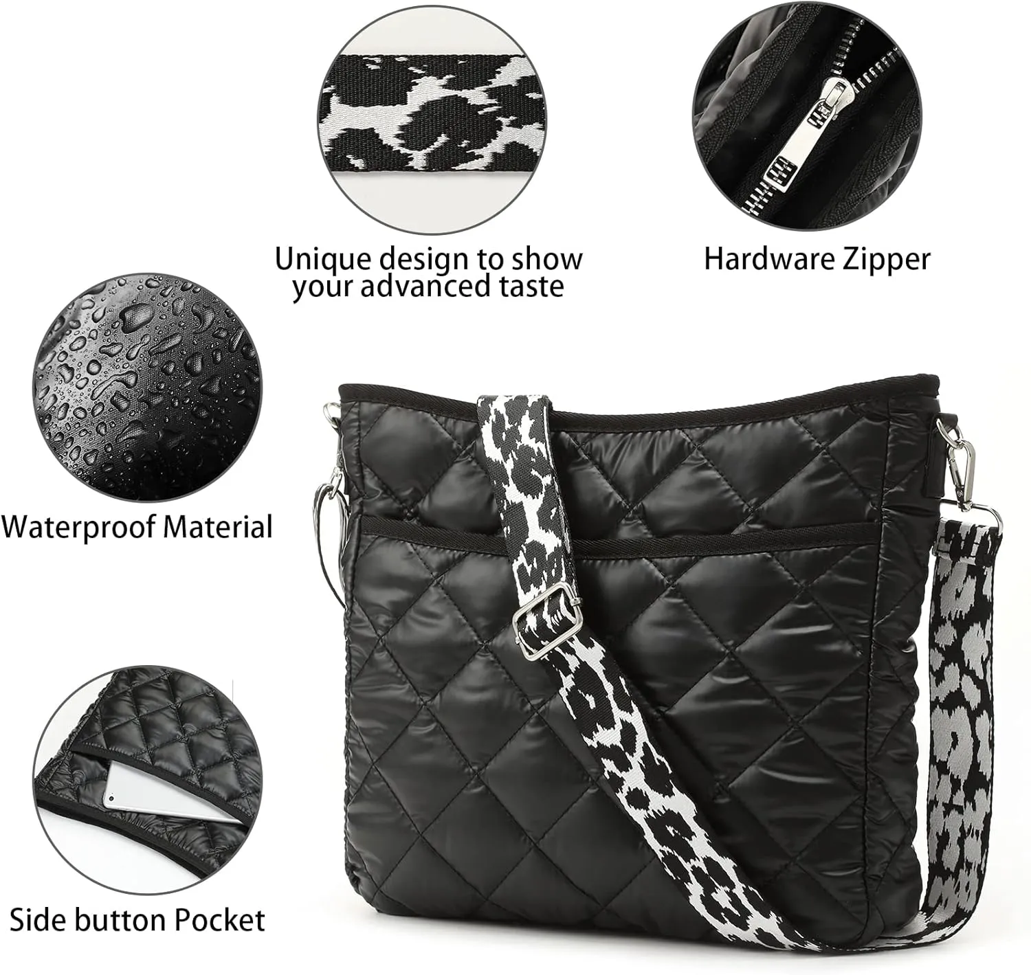 Quilted Crossbody & Puffer Shoulder Bag, Tote with Zipper - Fashion Cotton Quilted Ladies Handbag