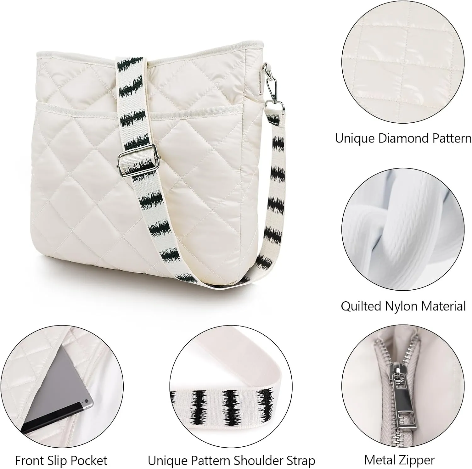 Quilted Crossbody & Puffer Shoulder Bag, Tote with Zipper - Fashion Cotton Quilted Ladies Handbag