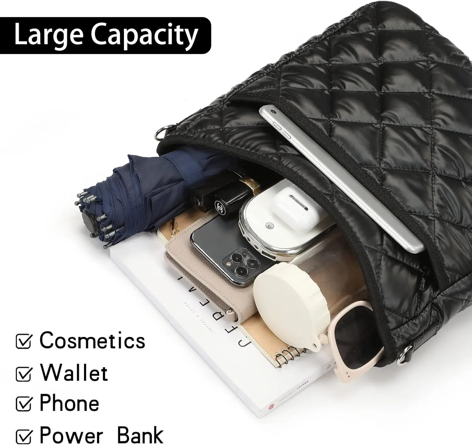 Quilted Crossbody & Puffer Shoulder Bag, Tote with Zipper - Fashion Cotton Quilted Ladies Handbag