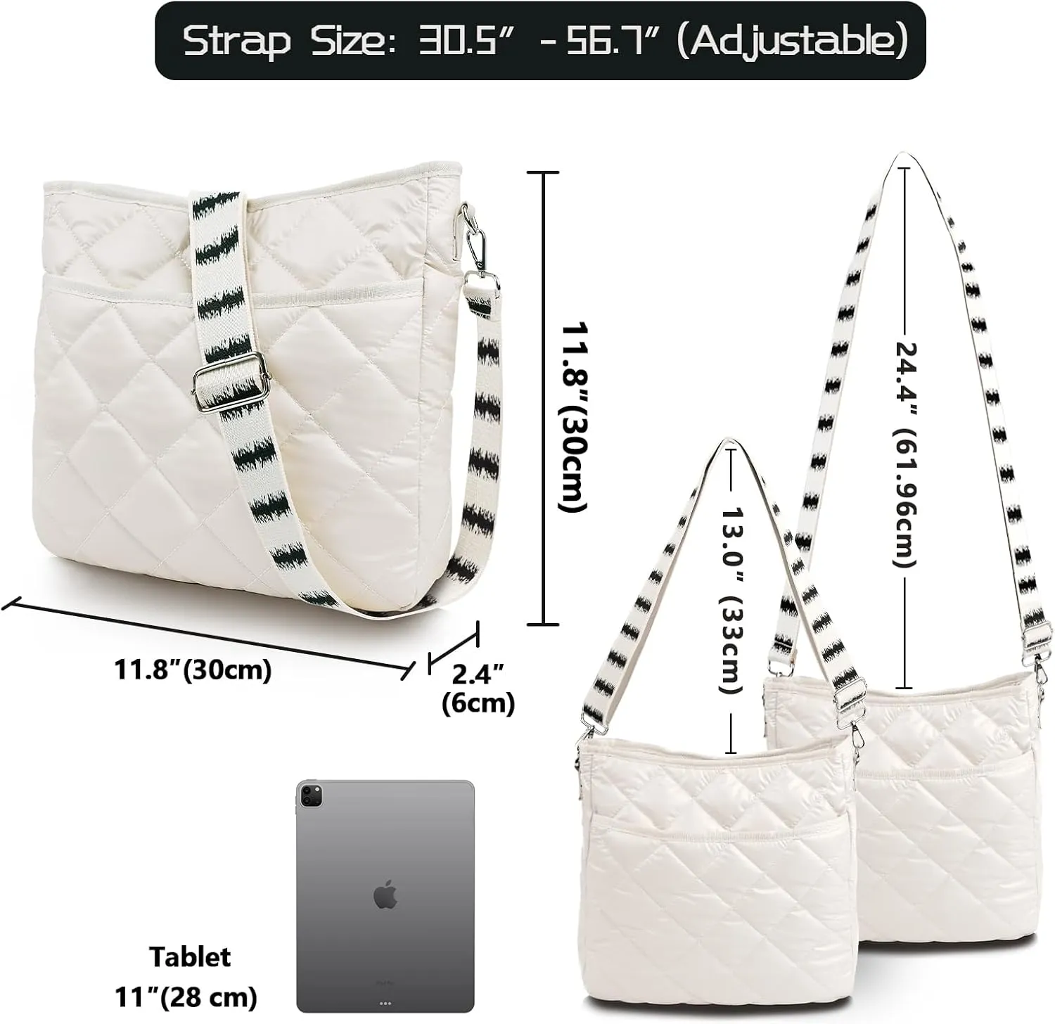Quilted Crossbody & Puffer Shoulder Bag, Tote with Zipper - Fashion Cotton Quilted Ladies Handbag