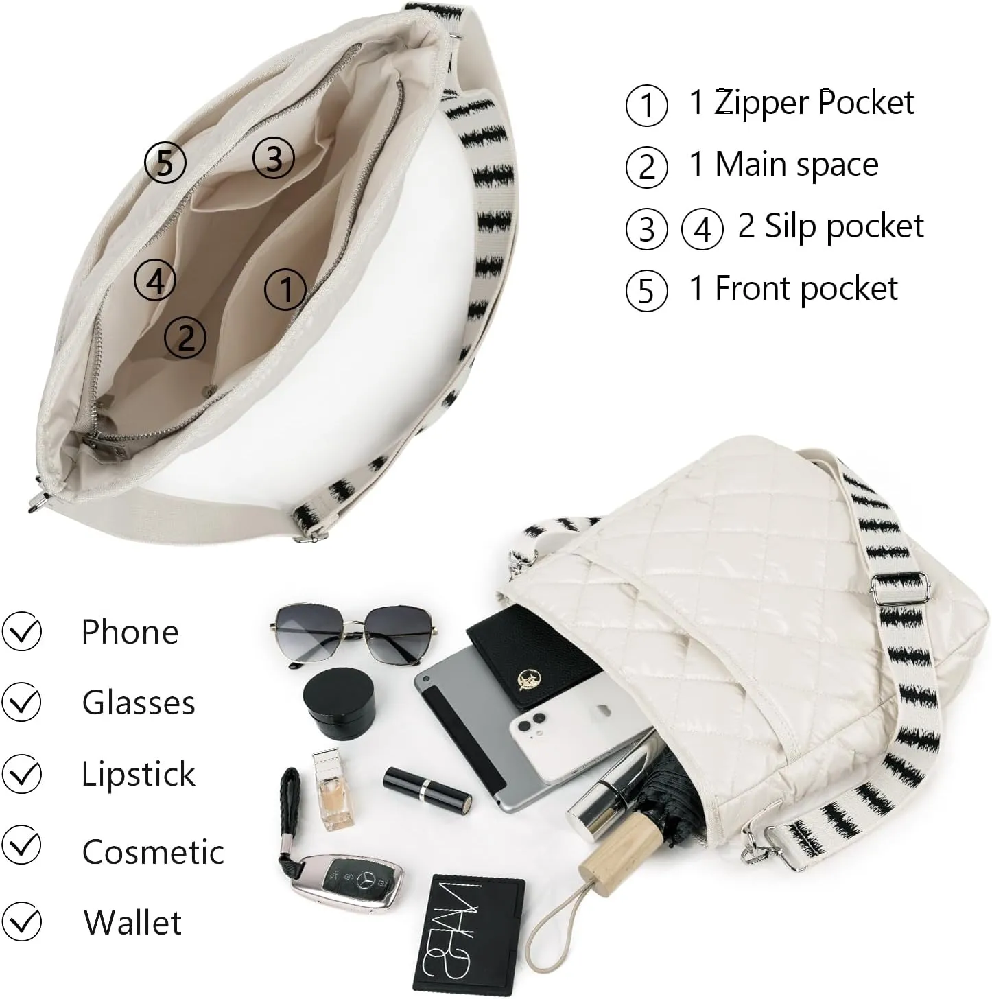Quilted Crossbody & Puffer Shoulder Bag, Tote with Zipper - Fashion Cotton Quilted Ladies Handbag