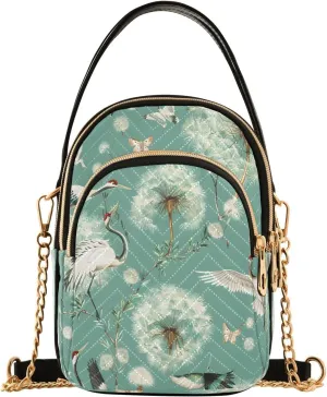 Quilted Crossbody Bags for Women,Butterflies Dandelion Seeds on A Jade Green Background Women's Crossbody Handbags Small Travel Purses Phone Bag