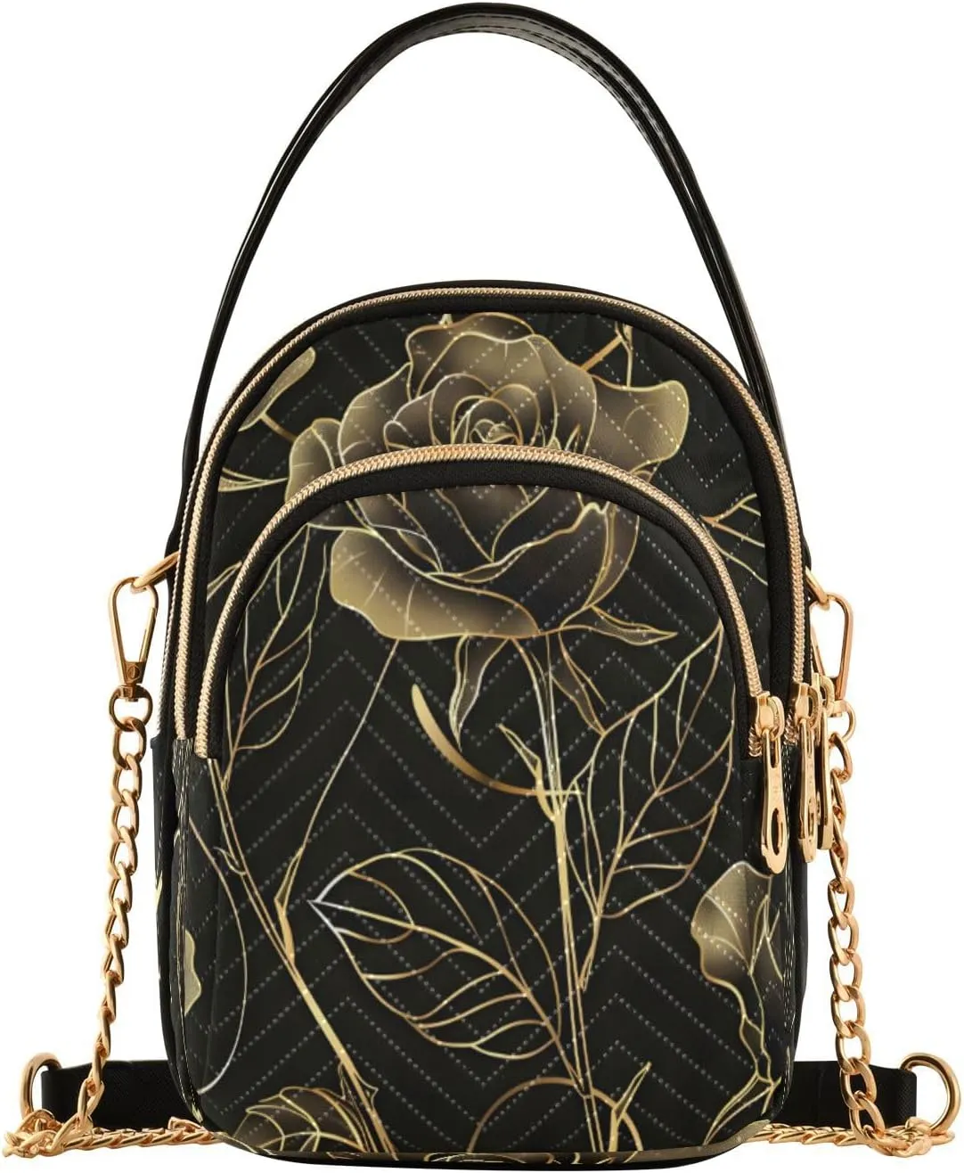 Quilted Crossbody Bags for Women,Natural Botanical Elegant Flower with Gold Line Art Women's Crossbody Handbags Small Travel Purses Phone Bag