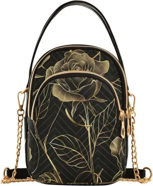 Quilted Crossbody Bags for Women,Natural Botanical Elegant Flower with Gold Line Art Women's Crossbody Handbags Small Travel Purses Phone Bag