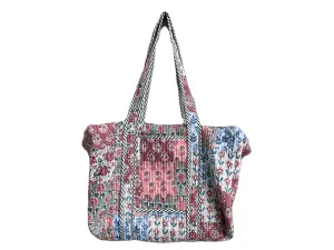 Quilted Duffle Tote Shoulder Patch Bag Cotton Handprint Floral Eco friendly Sustainable bag, Yoga Shopping Beach Artist Boho Weekend bag