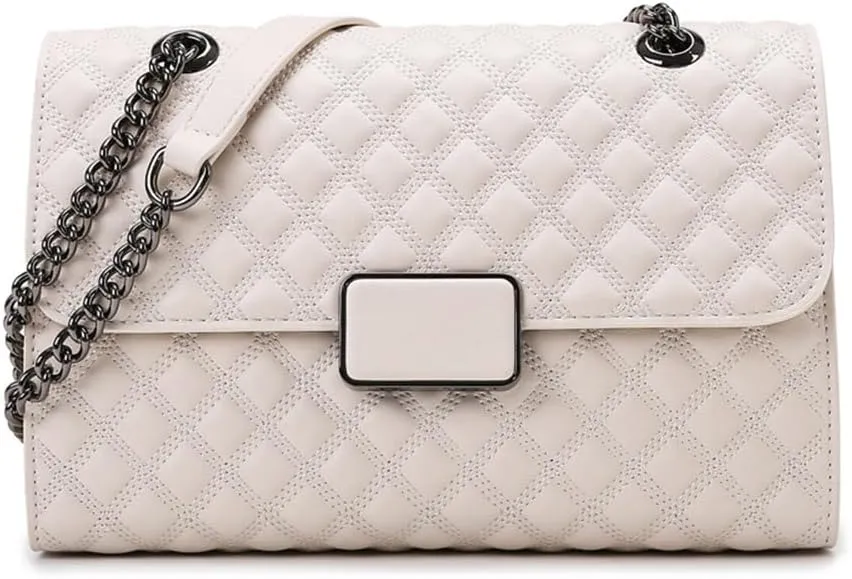 Quilted Leather Crossbody Bag for Women - Medium Flap Shoulder Purse with Chain Strap - Stylish Clutch Handbag (White)